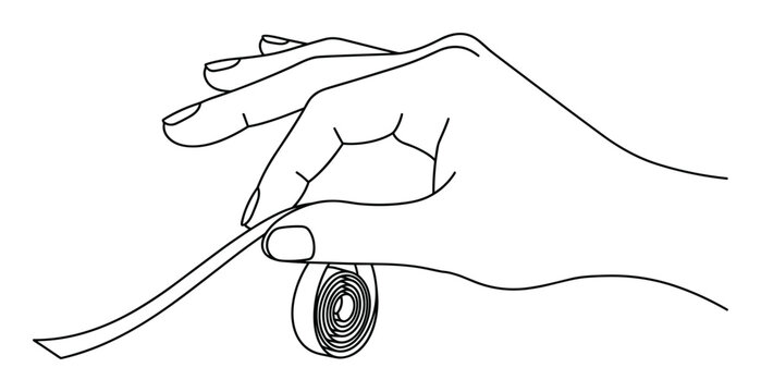 Black line drawing of hand holding small adhesive tape roll label.