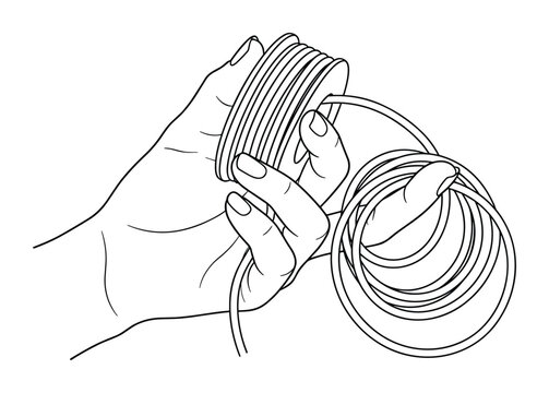 Minimal hand holding spool of wire line art vector illustration.