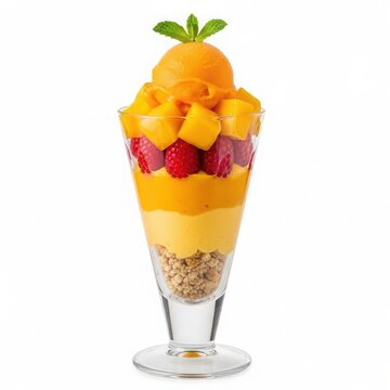 Colorful fruit parfait in a glass isolated on white background