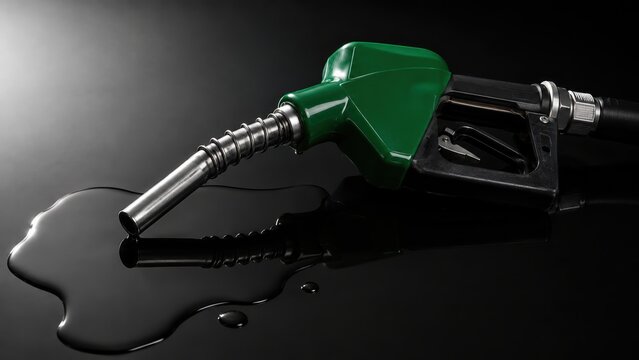  green fuel nozzle lies on a reflective black surface, with spilled black liquid fuel pooling beneath it.