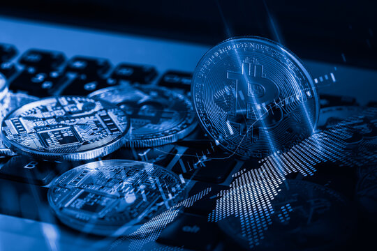 Modern way of exchange. Bitcoin is convenient payment in global economy market. Virtual digital currency and financial investment trade concept. Abstract cryptocurrency with gold bitcoin background.