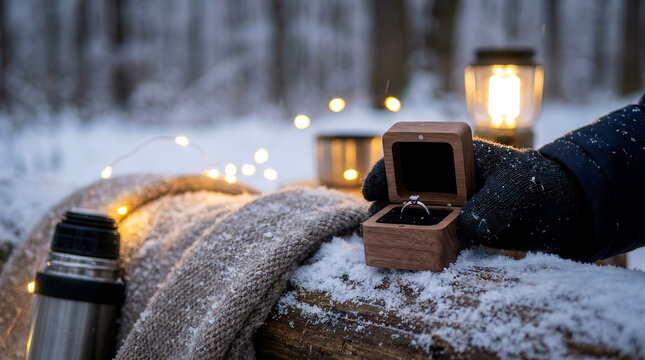 Person in winter gloves holding a wooden ring box with a diamond ring outdoors