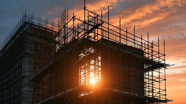Construction site silhouette with dramatic sunset sky and glowing sunburst