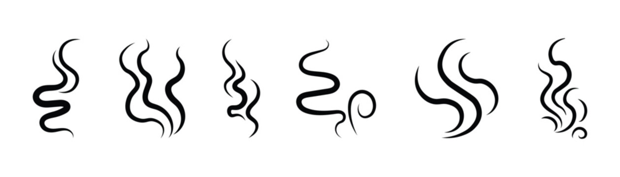 Steaming vapor smoke,  smell symbols. Heating pictograms, cooking steam warm aroma smells stinks mark, odor stench icons. Line stench smoke stream and boiling cloud icons, fume steam odor scent aroma.