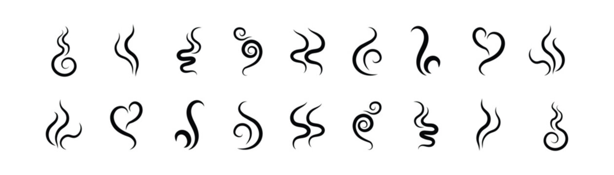 Steaming vapor smoke,  smell symbols. Heating pictograms, cooking steam warm aroma smells stinks mark, odor stench icons. Line stench smoke stream and boiling cloud icons, fume steam odor scent aroma.