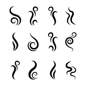 Steaming vapor smoke,  smell symbols. Heating pictograms, cooking steam warm aroma smells stinks mark, odor stench icons. Line stench smoke stream and boiling cloud icons, fume steam odor scent aroma.