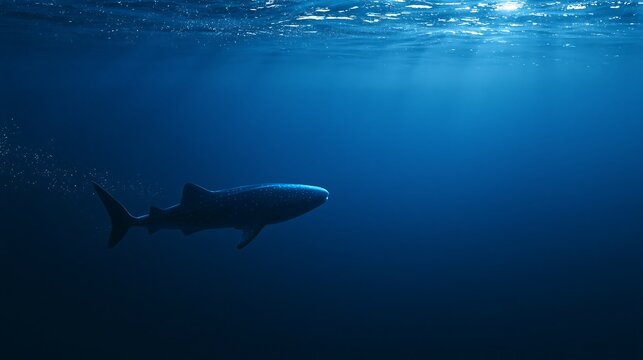 Whale shark silhouette swimming in deep blue ocean with sunbeams