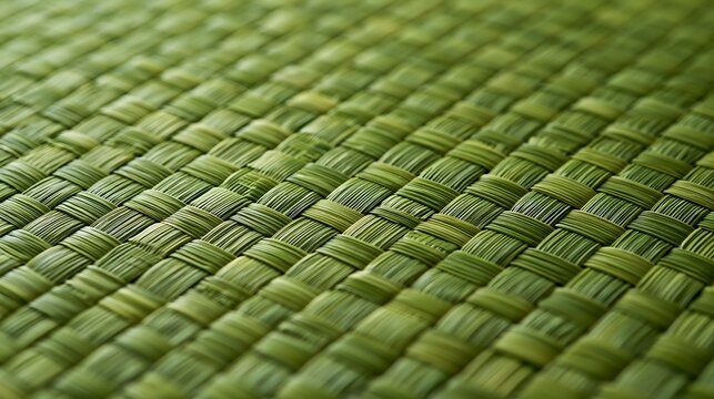 Macro texture of woven green bamboo strips with realistic checkered basket weave pattern