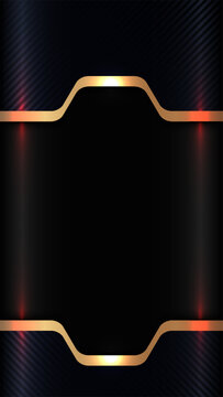 Dark luxury background template with metallic gold curved border frame abstract carbon fiber texture red neon light effect high tech futuristic layout, mobile wallpaper vector banner design