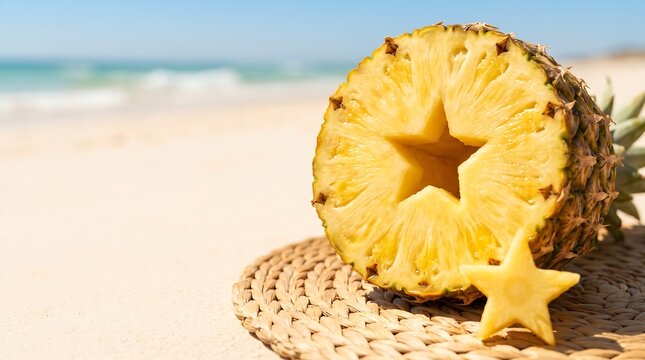 Fresh pineapple slice with star shape on a sandy tropical beach