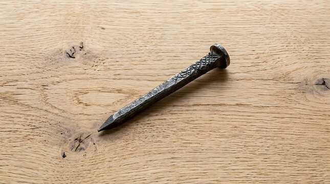 Handcrafted forged iron nail featuring intricate crosshatched patterns lying flat with a sharp point and textured metallic dark grey finish