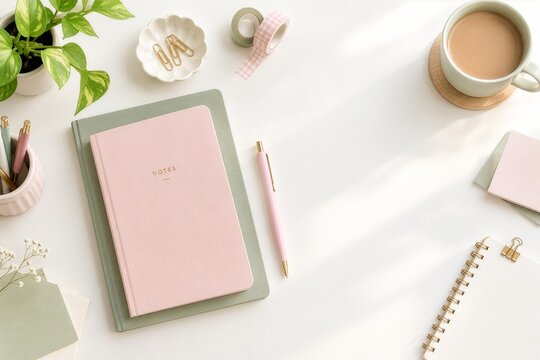 Minimalist pastel stationery flat lay with copy space on bright background. 
