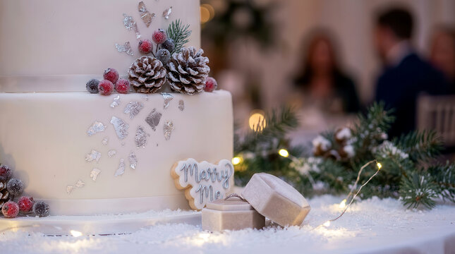 White wedding cake decorated with pine cones and berries next to a Marry Me cookie
