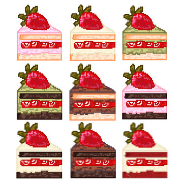 A collection of nine different flavored cake slices topped with fresh strawberries in retro 16-bit pixel art style. Perfect for 2D game assets, inventory icons, cozy bakery cafe game UI elements, an