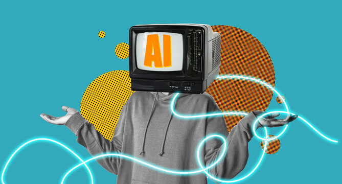 Person with television for a head holding hands out. Image shows concept of artificial intelligence