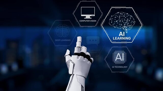 A robotic hand interacts with a digital interface showcasing concepts such as AI learning, automation, deep learning, and computer vision in a futuristic tech environment. Synapse