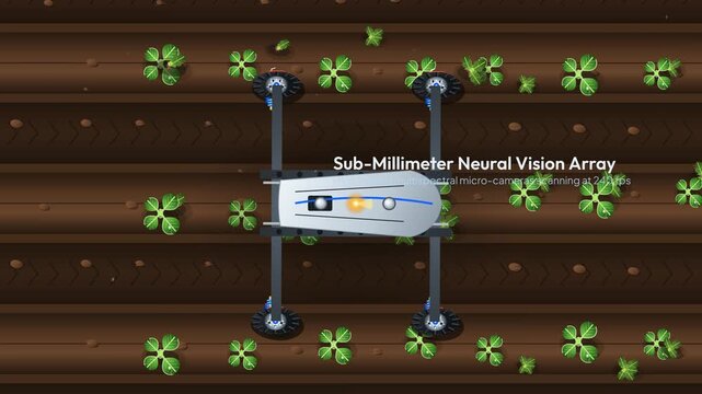 Top-down 2D animation of an autonomous agricultural robot driving through a field and using artificial intelligence with targeting lasers to eradicate weeds while preserving crop cotyledons