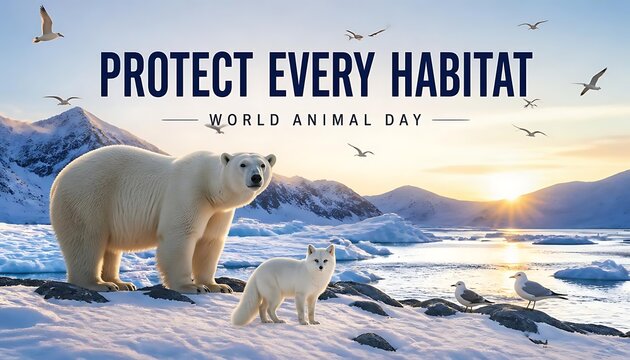 Polar bear and arctic fox in snowy landscape celebrating world animal day with wildlife