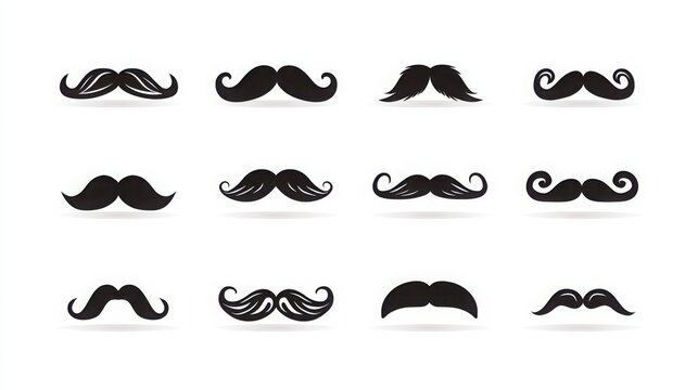 Set of various black mustache icons arranged in a grid isolated on a white background with silhouettes with silhouettes