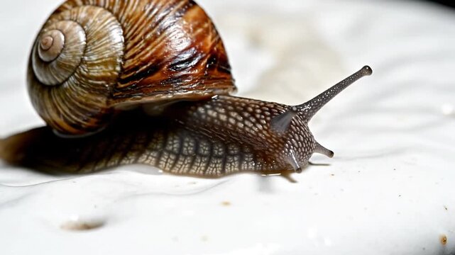 Close-up of a snail with a spiral shell crawling on a white surface, revealing its texture and details