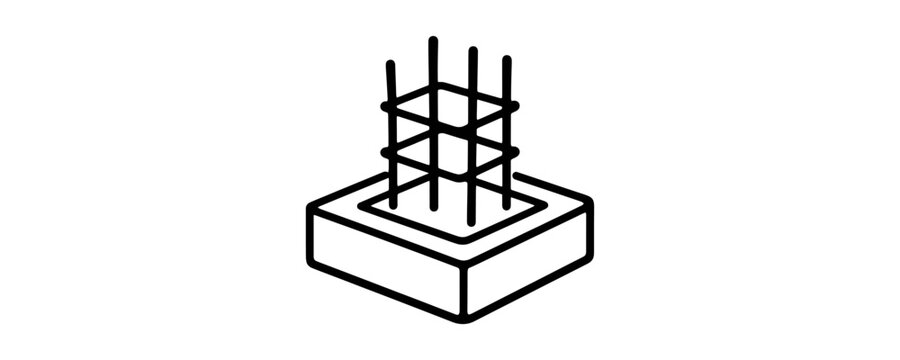 Minimalist black and white line art icon of a concrete building foundation with steel reinforcement bars.