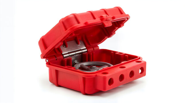 Open red industrial weatherproof electrical junction box with mounting holes
