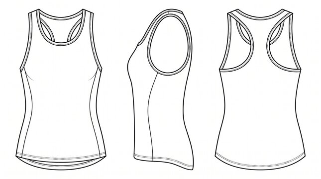 Women's Racerback Tank Top Technical Flat Sketch - Front, Side and Back View