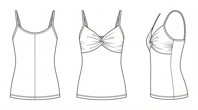 Women's Twist Front Camisole Top Technical Flat Sketch with Spaghetti Straps, Front Back and Side View Vector Illustration