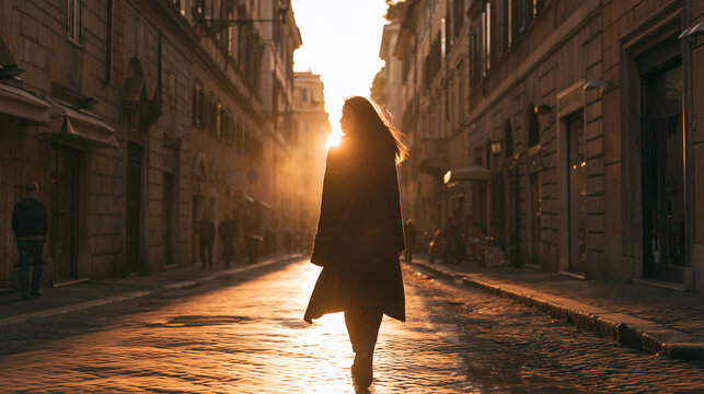 lonely woman at sunrise in historic rome, melancholic woman alone in an old european city at dawn, nostalgic solitude of a woman in rome at sunrise