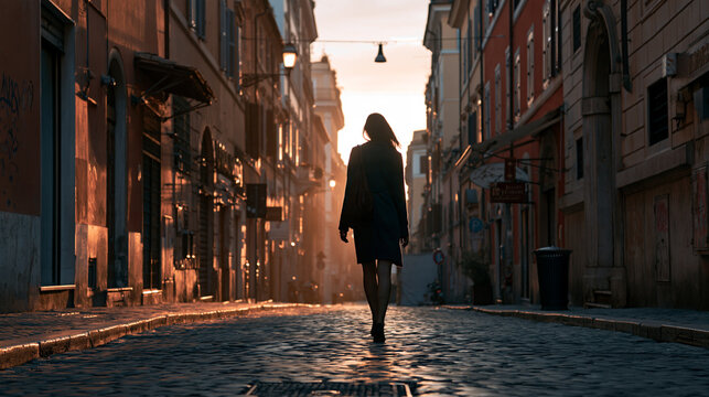 lonely woman at sunrise in historic rome, melancholic woman alone in an old european city at dawn, nostalgic solitude of a woman in rome at sunrise