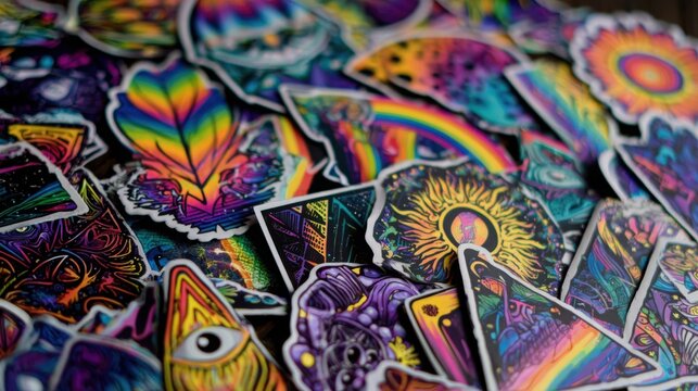 A collection of colorful psychedelic stickers arranged in a messy pile on a flat surface