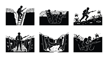 Fototapeta premium World War 1 Trench Warfare Silhouettes, Soldiers in Combat, Military History Vector Set, Dramatic Black and White Illustrations