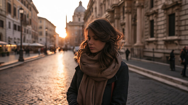 lonely woman at sunrise in historic rome, melancholic woman alone in an old european city at dawn, nostalgic solitude of a woman in rome at sunrise
