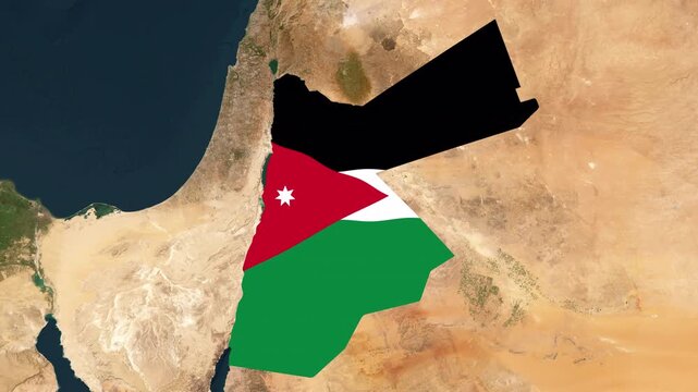 Satellite map of Jordan with moving clouds, growing ink-shape waving flag of the country, a gradient outline indicating the border. Highlighted territory. Concept for broadcast, social media.
