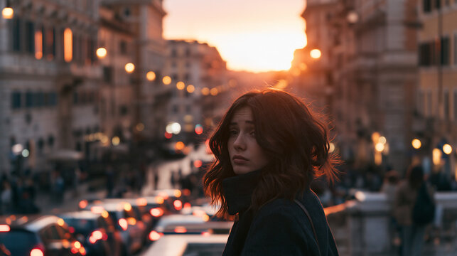 lonely woman at sunrise in historic rome, melancholic woman alone in an old european city at dawn, nostalgic solitude of a woman in rome at sunrise