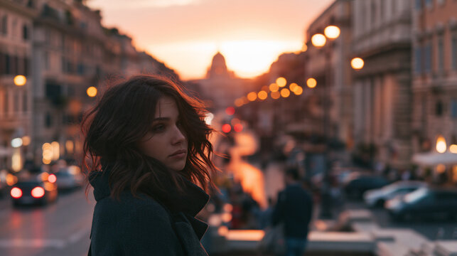 lonely woman at sunrise in historic rome, melancholic woman alone in an old european city at dawn, nostalgic solitude of a woman in rome at sunrise