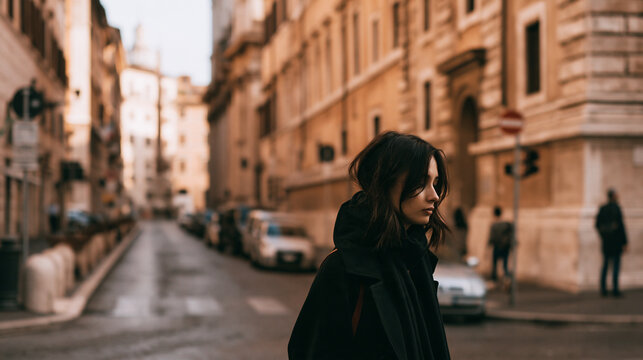 lonely woman at sunrise in historic rome, melancholic woman alone in an old european city at dawn, nostalgic solitude of a woman in rome at sunrise