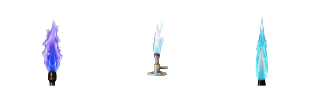 Set of blue flame burner fire gas laboratory chemistry heat science energy burning realistic isolated graphic white background element design illustration asset.