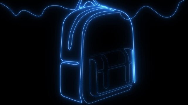 Glowing blue neon line art animation of a backpack on a black background