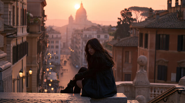 lonely woman at sunrise in historic rome, melancholic woman alone in an old european city at dawn, nostalgic solitude of a woman in rome at sunrise