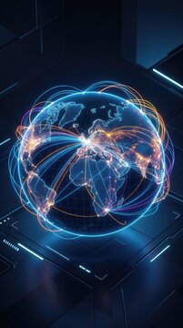 A futuristic background featuring a dynamic global data network with flowing light trails connecting glowing nodes over a stylized digital world map, communication, network, cyber