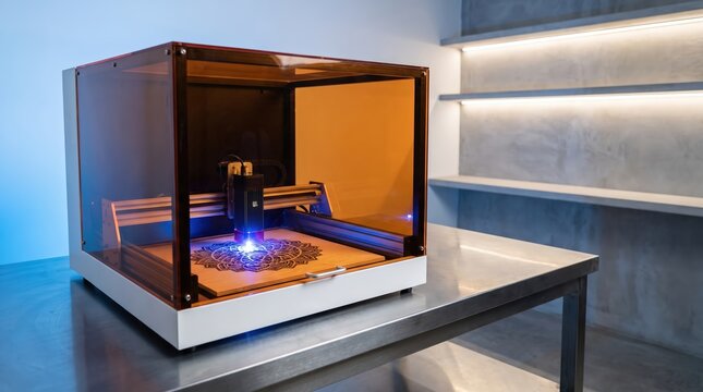 Desktop cnc laser engraver cutting intricate mandala pattern on plywood sheet in workshop, modern digital fabrication woodwork equipment and craft manufacturing concept