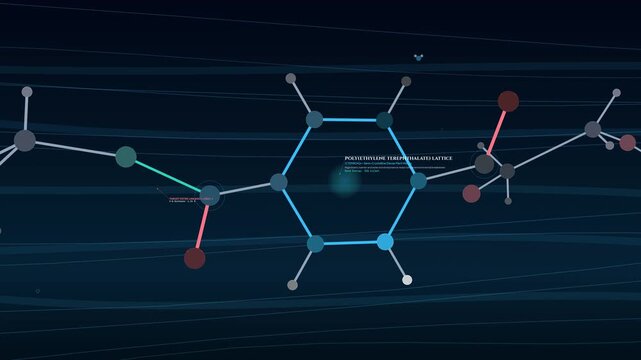 Animated molecular diagram illustrating polyethylene terephthalate lattice deconstruction by lab engineered FAST-PETase mutant enzyme via catalytic ester hydrolysis into bio circular monomers