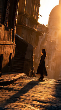 lonely woman at sunrise in historic rome, melancholic woman alone in an old european city at dawn, nostalgic solitude of a woman in rome at sunrise