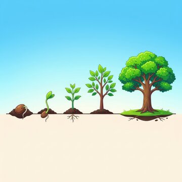 A sequence of illustrations on a timeline showing a seed germinating into a sapling, growing bigger and finally maturing into a large tree, graphic design, sequence, stages