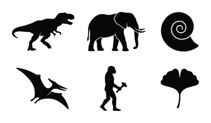 Evolutionary Icons: Dinosaur, Elephant, Pterodactyl, Caveman, Shell, Ginkgo Leaf Vector Set © Hasib