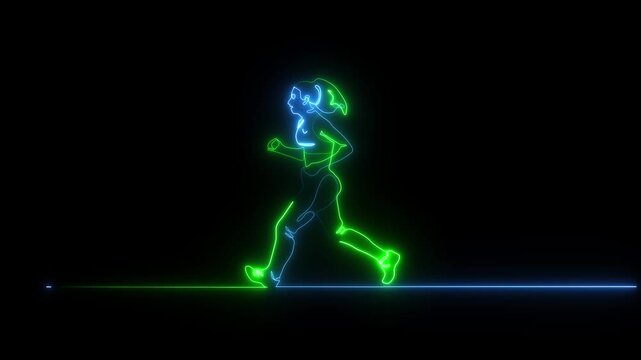 Neon outline animation of a woman running against a black background