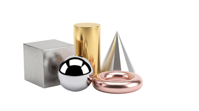 Metallic geometric shapes on white background, 3D primitive objects in gold silver and rose gold, reflective chrome sphere and brushed metal cube