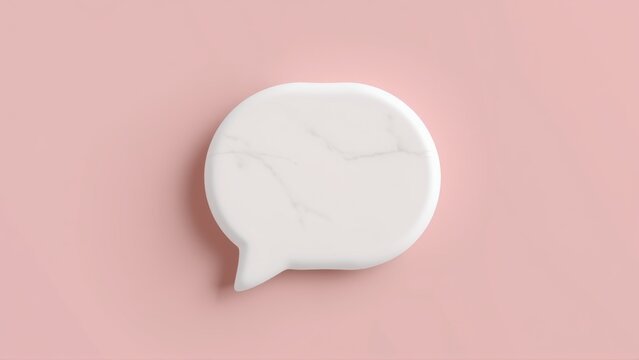 Marble speech bubble rests upon soft pink surface. Minimalist design, clean aesthetic, simple composition. Focus on texture, form.