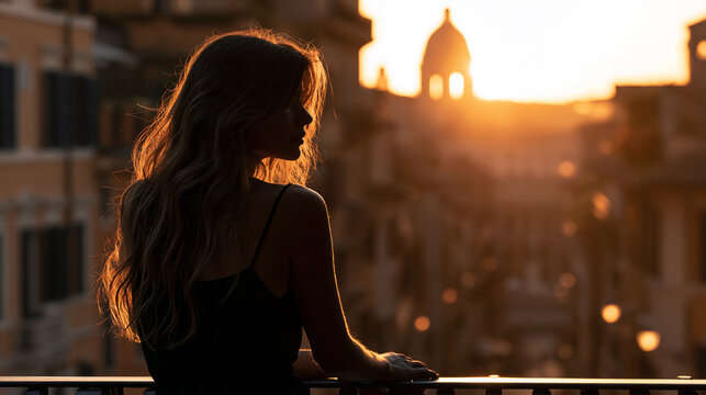 lonely woman at sunrise in historic rome, melancholic woman alone in an old european city at dawn, nostalgic solitude of a woman in rome at sunrise